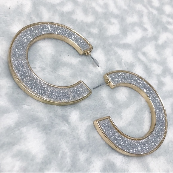 Jewelry - Glitter Hoop Earrings Wide Silver Gold Sparkle C